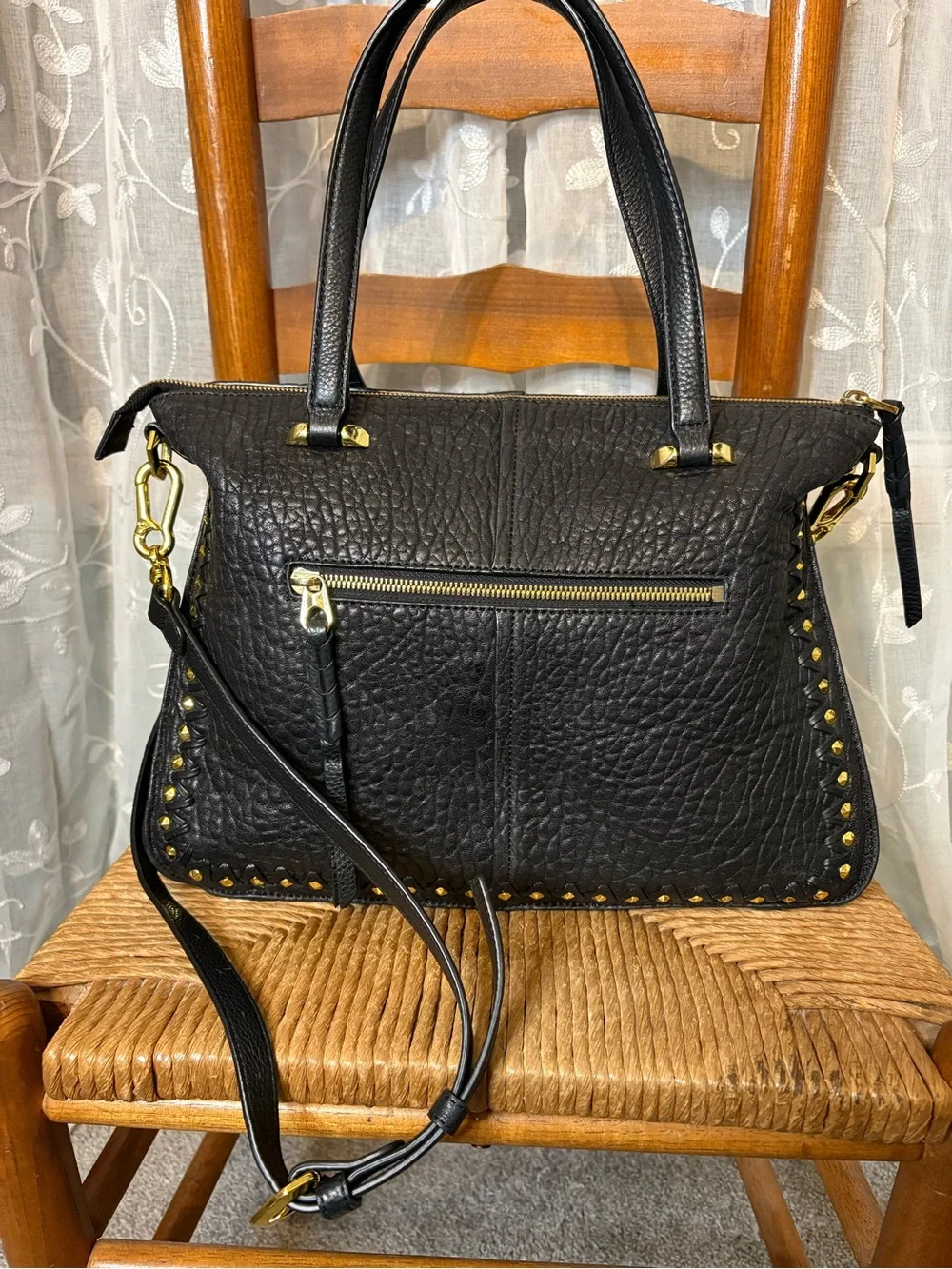 orYANY Black Pebbled Leather Studded Satchel Crossbody Bag